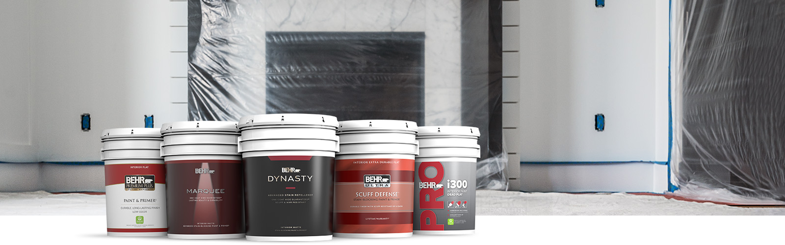 BehrPro interior products landing page desktop image featuring 5 gallon cans.