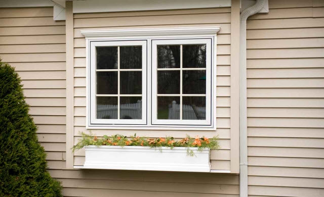 Exterior shot of windows with flower pot below