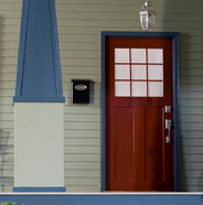 Photo of exterior door, pillar, trim, siding.
