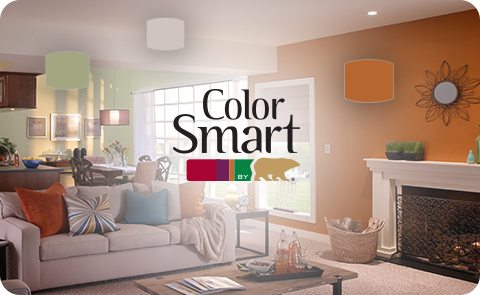Color Smart by Behr text with an orange room with couch in the background