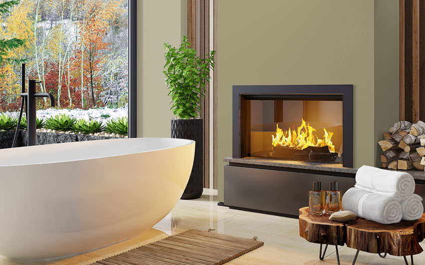 A bathroom with glass window and fireplace.
Sustainable S350-4
