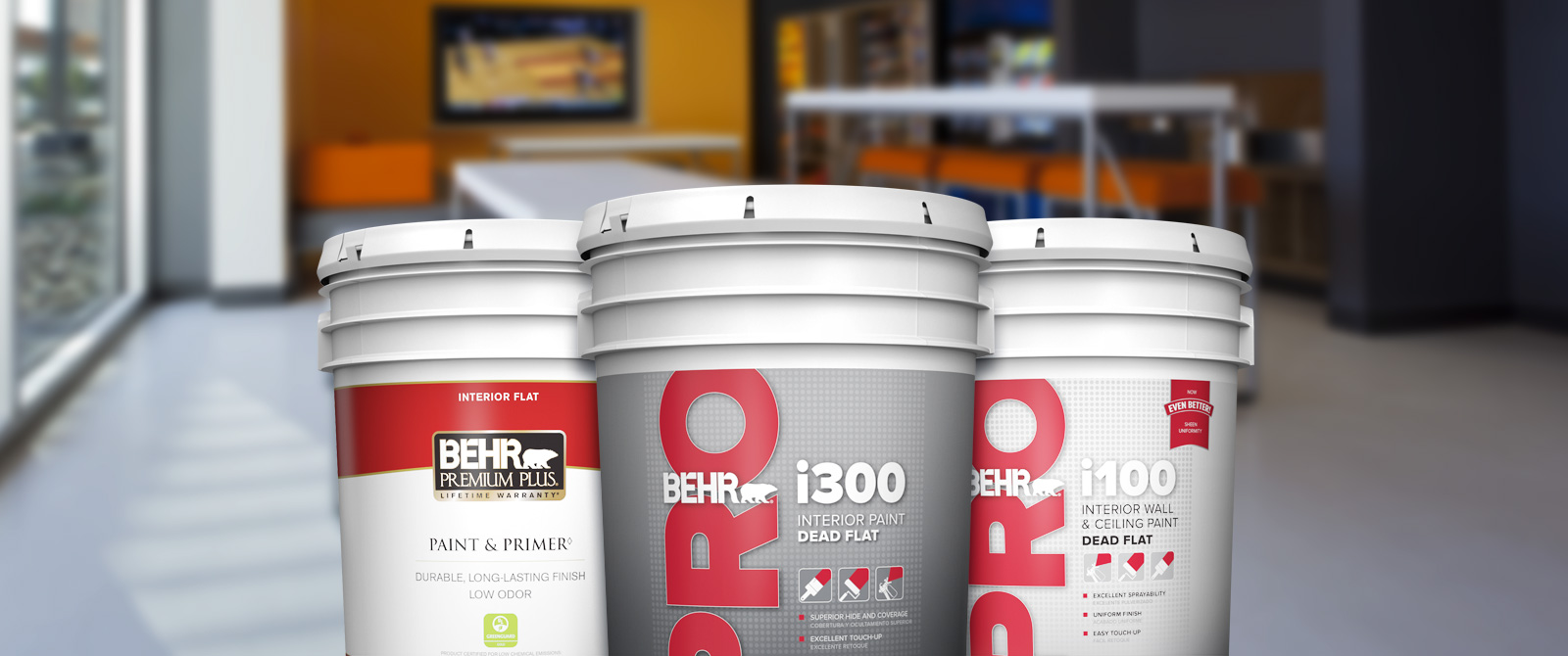 BehrPro interior products landing page desktop image featuring 5 gallon cans.