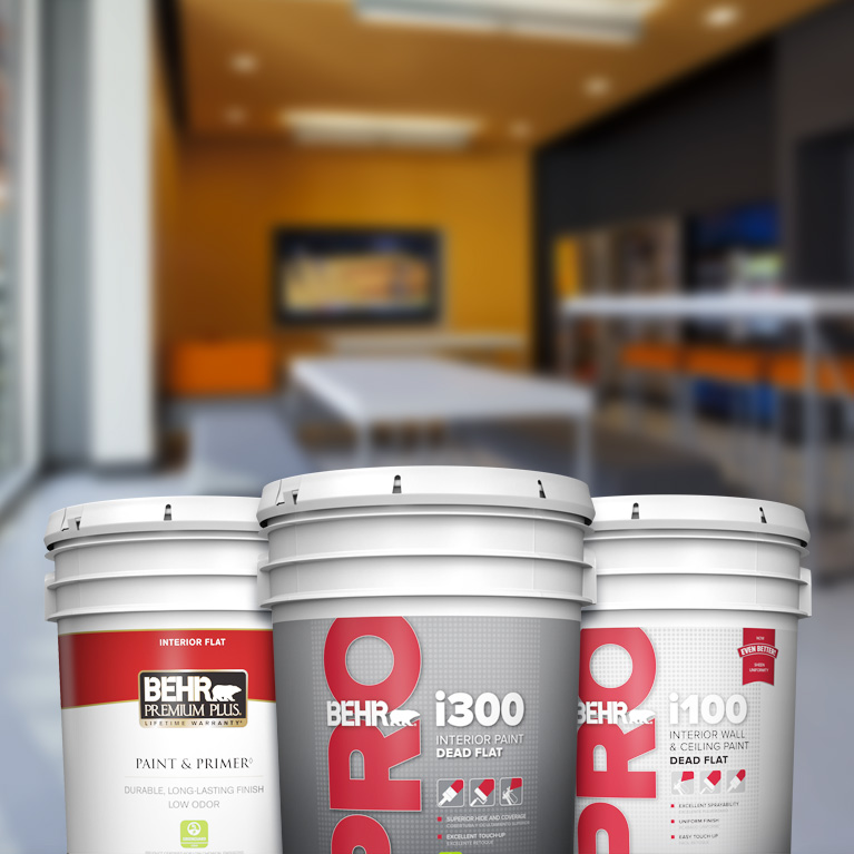 BehrPro interior products landing page mobile image featuring 5 gallon cans.