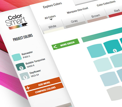 A close up view of a screen shot of BEHR ColorSmart tool. The image of the tool has different color tabs and is displaying the green tab with several color chips