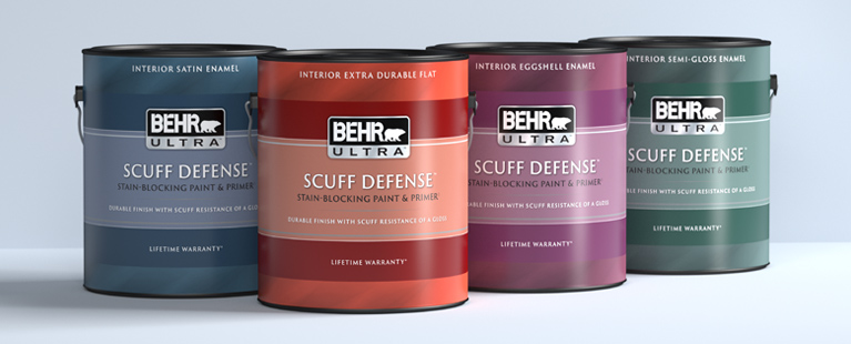 Image of a 1 gallon Behr ULTRA SCUFF DEFENSE Product Line up on a gray background