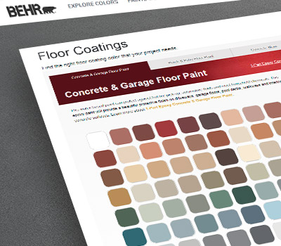 A close up view of a screen shot of BEHR Floor Coatings tool. The image of the tool has different tabs and is displaying several color chips.
