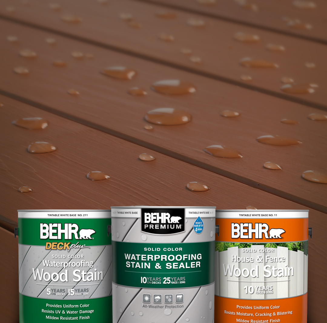 Mobile-sized image of 3 cans of Behr Stain products against a deck background.