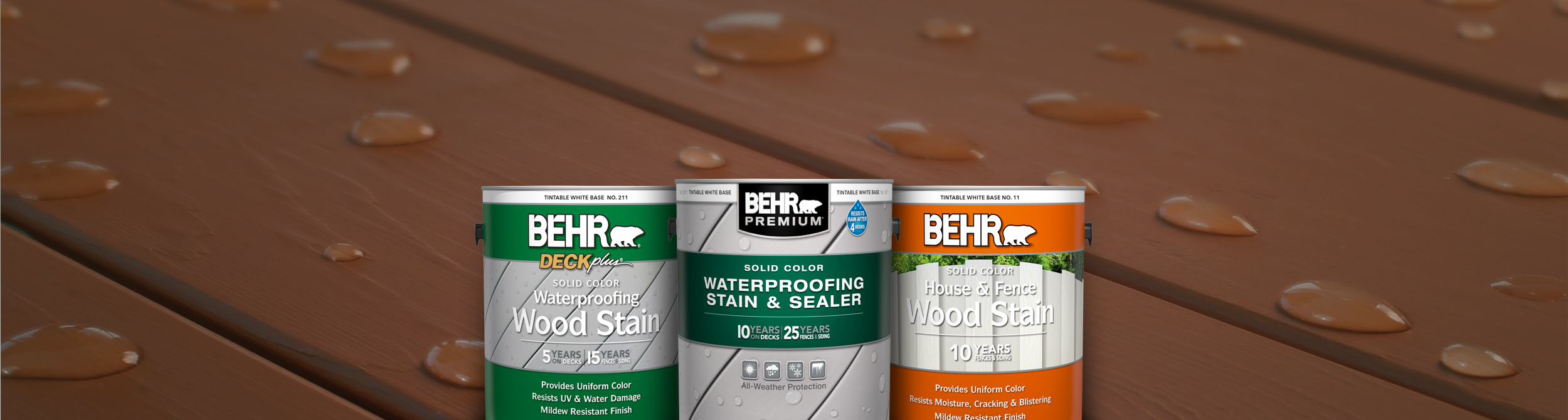 3 cans of Behr Stain products against a deck background.