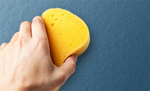 Person's hand holding a sponge washing a blue wall