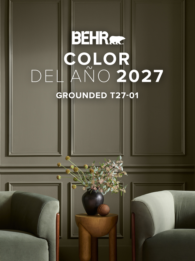 Mobile-sized image of a living room painted in Grounded, featuring Behr 2027 Colour of the Year, Grounded