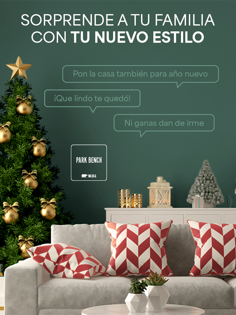 Mobile Image of a living room wall painted in Park Bench with thought bubbles and a Christmas tree in the background.