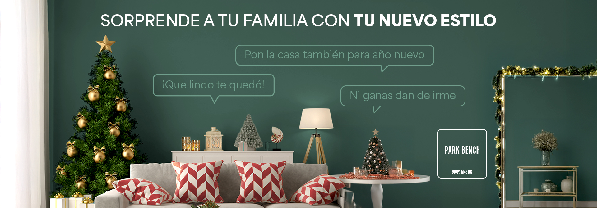 A living room wall painted in Park Bench with thought bubbles and a Christmas tree in the background.