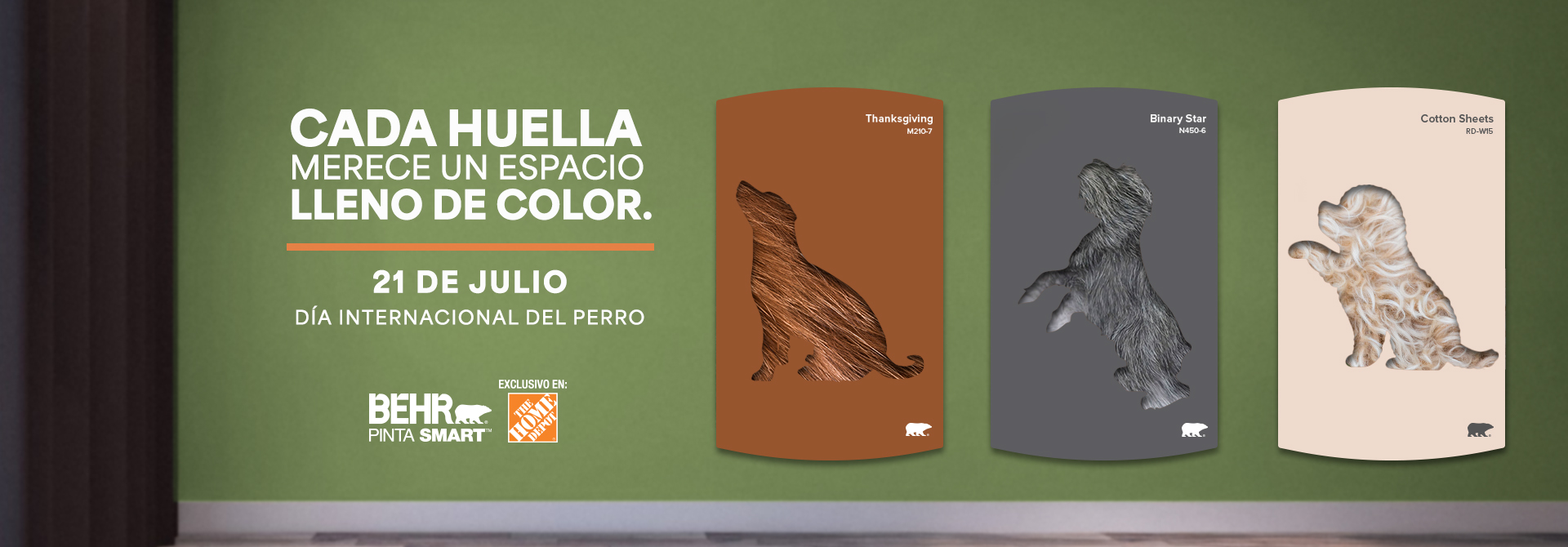 Perros Day banner featuring Behr paint color chips