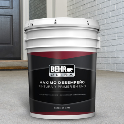 A close up shot of a 5 gallon BEHR Ultra Exterior Flat