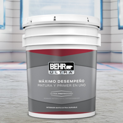 A close up shot of a 5 gallon BEHR Ultra Interior Flat