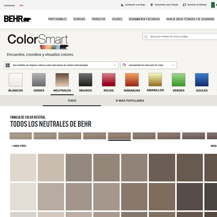 A close up view of a screen shot of BEHR ColorSmart tool. The image of the tool has different color tabs and is displaying the green tab with several color chips