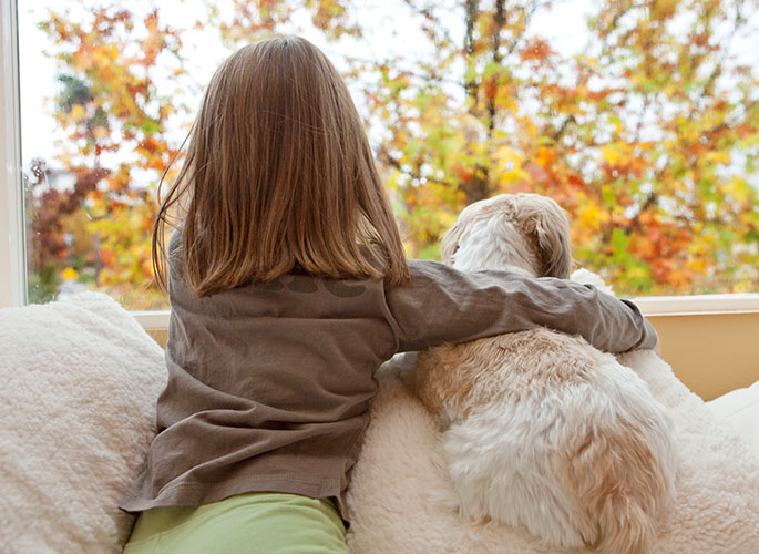 A young girl with her dog looking outside at the fall foliage.